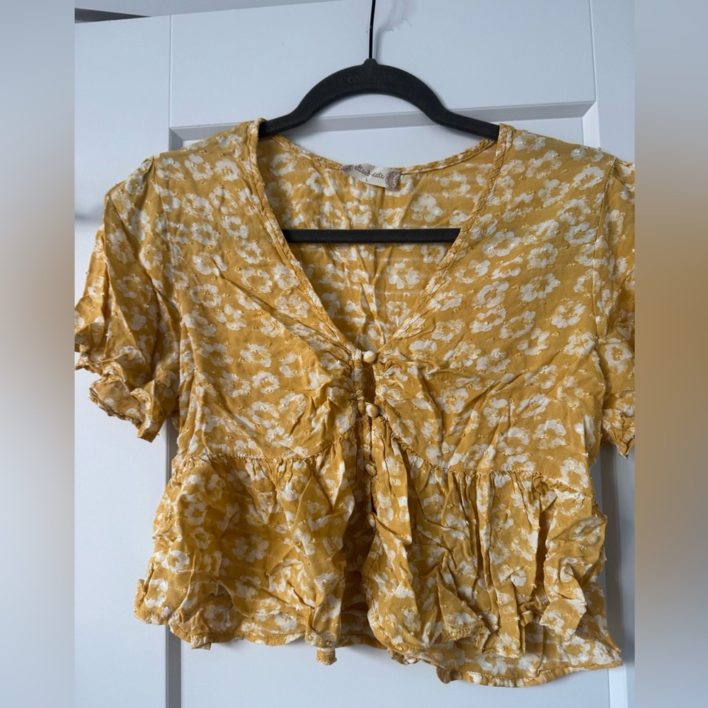Altar'd State Yellow Floral Tie-Front Peplum Blouse